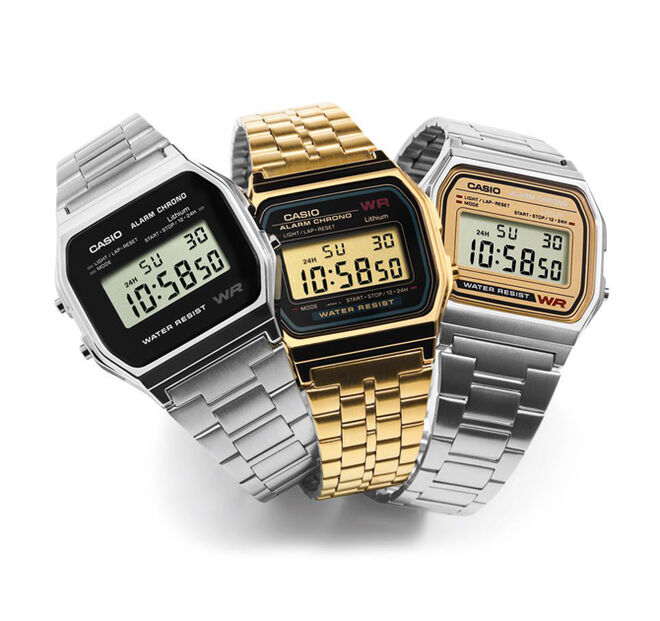 Modelo A159WGEA-1EF, com visor iluminado, alarme, calend?rio, corn?metro, e bracelete em a?o inoxid?vel