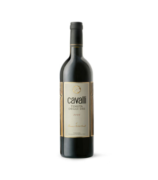 Vinho Cavalli Tenuta Degli Dei, produzido na propriedade da família Cavalli. Todos os anos, os rótulos das garrafas ganham vida com um padrão da casa de moda. Este é de 2006.