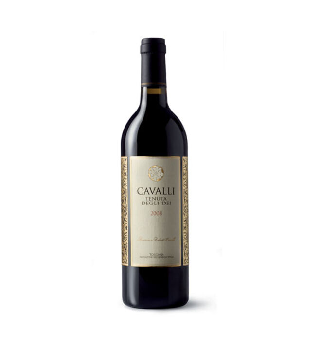 Vinho Cavalli Tenuta Degli Dei, produzido na propriedade da família Cavalli. Todos os anos, os rótulos das garrafas ganham vida com um padrão da casa de moda. Este é de 2008.