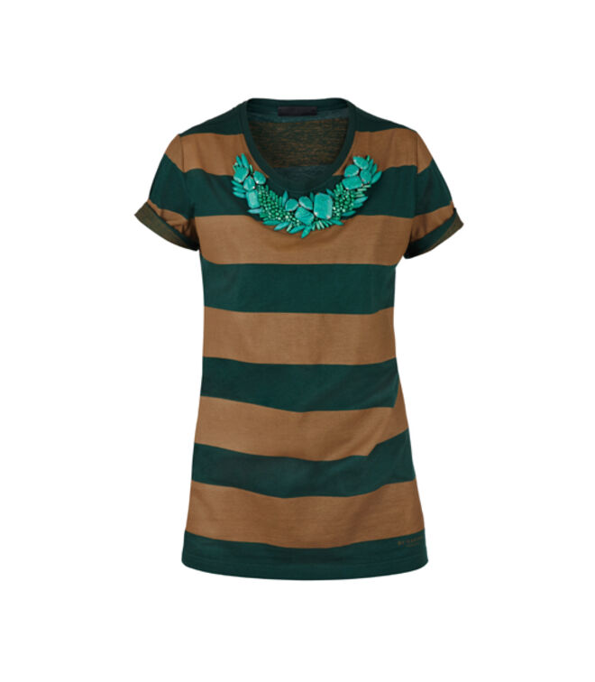 T-shirt em algodão com malaquite aplicada (preço sob consulta).