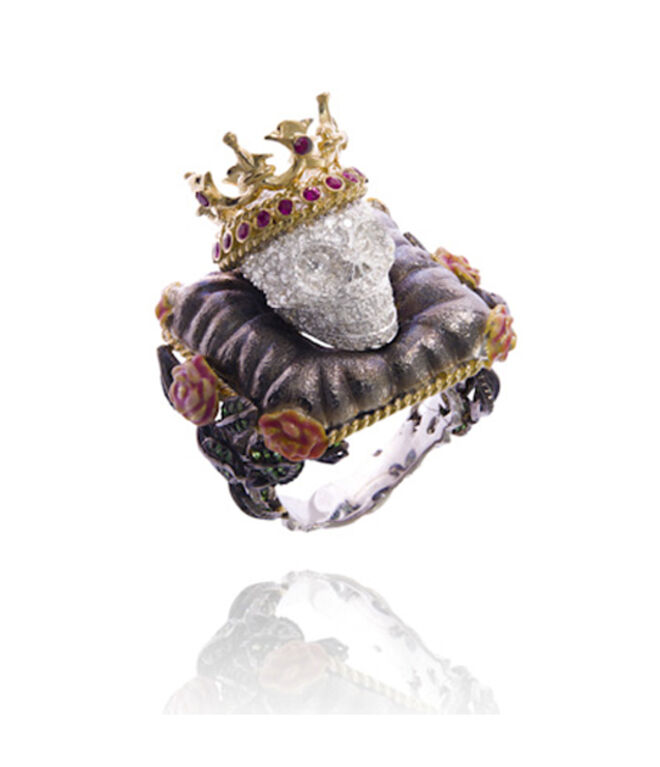 Anel em diamantes, rubis e esmalte da coleção Vanities, Lydia Courteille.