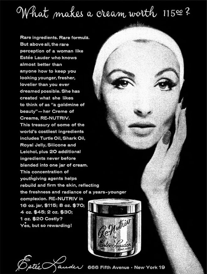 1956 - Surge o primeiro anúncio publicitário. Em foco estava Re-Nutriv, os primeiros produtos de luxo no mercado da cosmética.