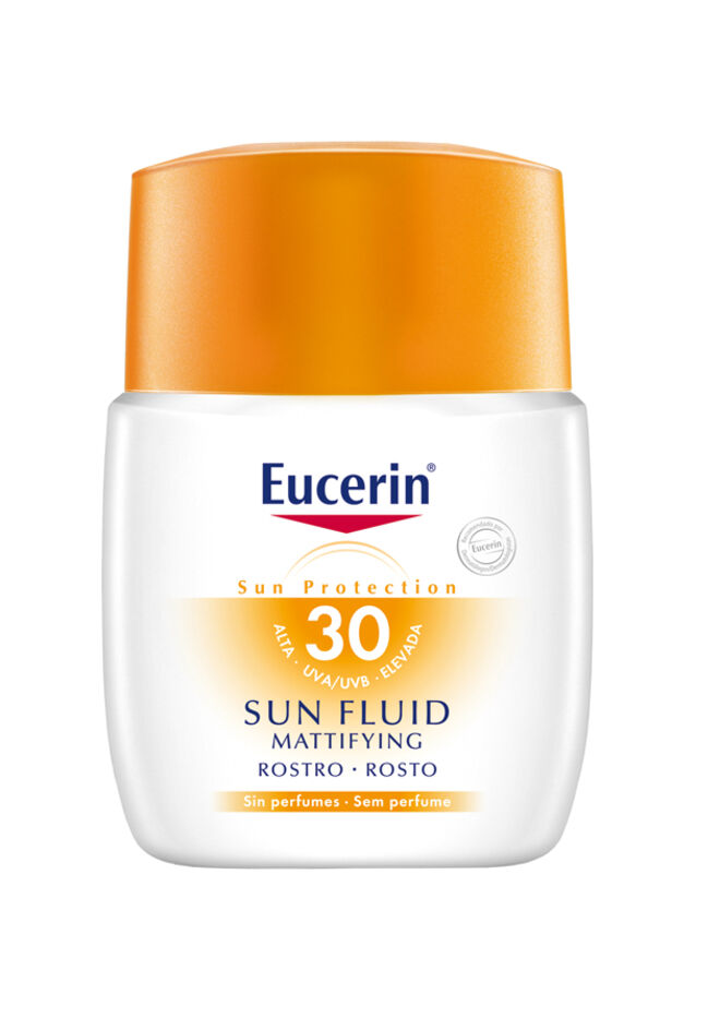 Fluido Solar Rosto Matificante FPS30, ?16,07, Eucerin. Resistente à água e sem perfume, indicado para pessoas com pele sensível, após tratamentos de peeling e laser e em caso de acne.
