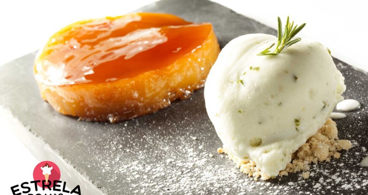 Pudim Abade de Priscos com sorbet de limão com Manjericão