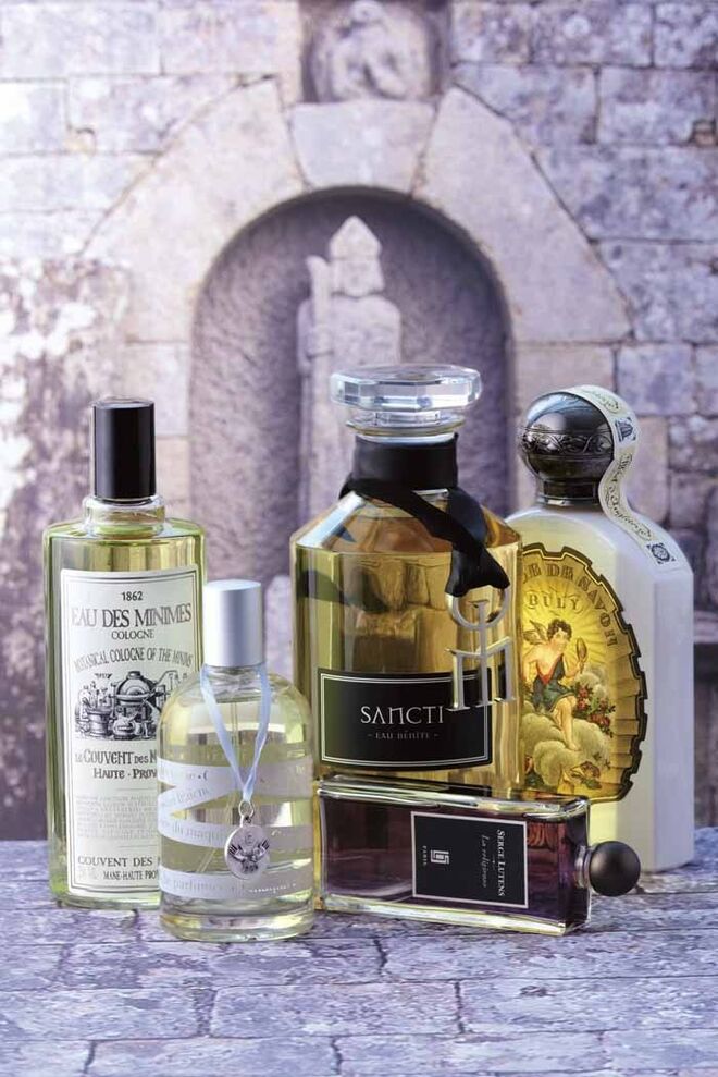Cologne Eau des Minimes, Le Couvent des Minimes; Eau de Couvent, San Francescu d’Oletta; Eau Bénite Sancti, Liquides Imaginaires; Eau de Parfum La Religieuse, Serge Lutens; Huile de Savon, Buly.