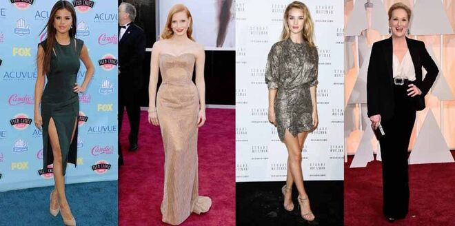 1 | Selena Gomez, Jessica Chastain, Rosie Huntington Whiteley, Meryl Streep | Para pernas mais elegantes, o truque é ter um joelho à frente do outro, para dar a ideia de um volume de pernas menor.