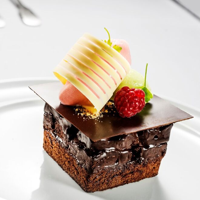 Bolo de chocolate V4 e duo de sorbet