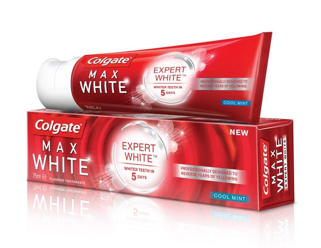 Max White Expert White, o primeiro dentífrico de uso diário no mercado de grande consumo que contém um ingrediente branqueador usado por dentistas e clinicamente testado - o peróxido de hidrogénio.