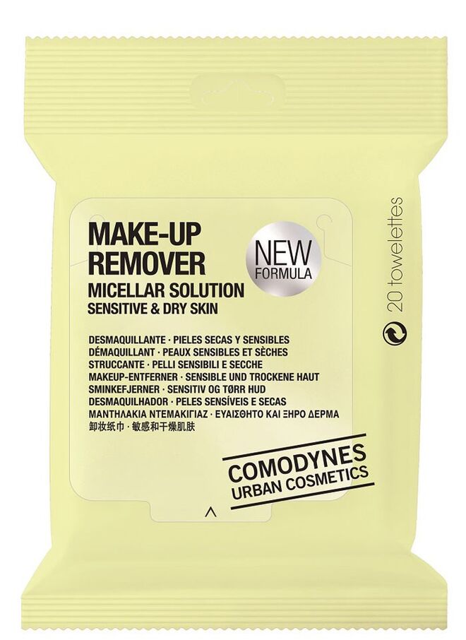 COMODYNES Toalhitas desmaquilhantes micelares, para rosto e olhos. Graças à sua tecnologia micelar, desmaquilha, elimina impurezas e tonifica