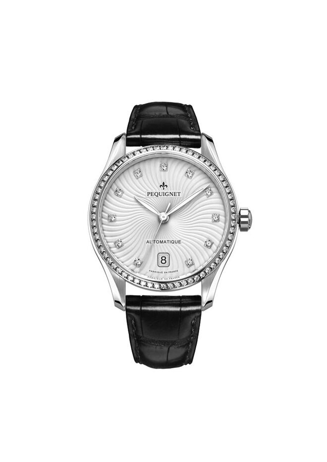 Relógio em aço com diamantes e bracelete em pele, €2800, Pequignet, na J. Borges Freitas