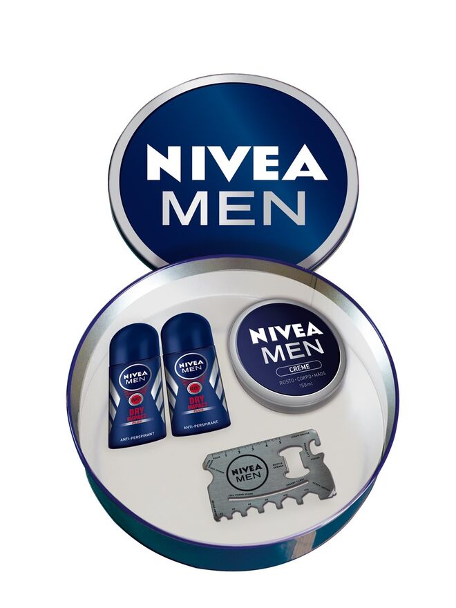 Pack Lata Nivea Man, inclui um cartão metalizado que serve de ferramenta para inúmeras coisas.€9,99