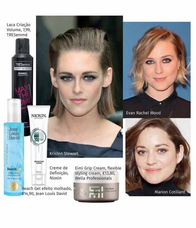 BOB | Faça-o como: Kristen Stewart que nunca receia um corte ousado, mas usa-o agora mais versátil do que nunca, escadeado e repartido ao lado; Evan Rachel Wood que o cortou às camadas na zona do queixo, evitando-as nas maçãs do rosto, o ideal para rostos com formato de coração; Marion Cotillard que regressou ao bob direito, ligeiramente abaixo do queixo com franja de lado.