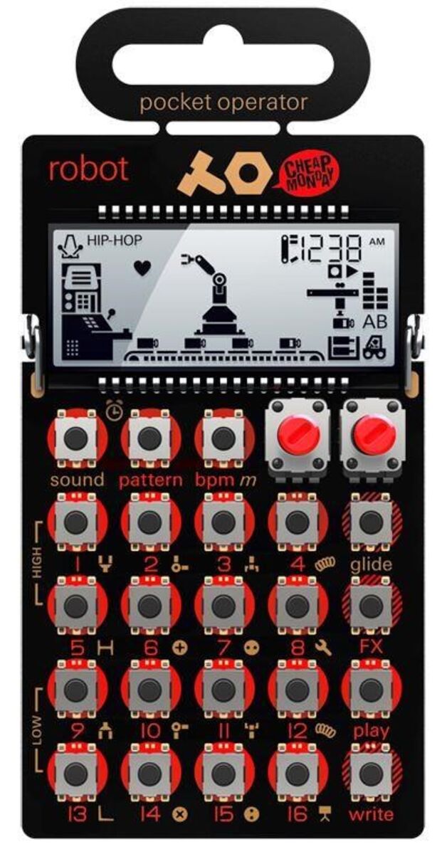 PO-28 Robot – Oferecendo um verdadeiro sintetizador de 8-bit para melodias sequenciadas e combinações, o PO-28 Robot Pocket Operator tem 15 sons disponíveis e um micro drum.