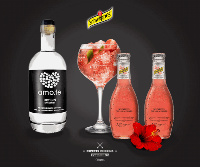 Pack romântico composto pelo amo.te dry gin e por duas garrafas de Hibiscus Premium Mixer, Schweppes & amo.te, €29
