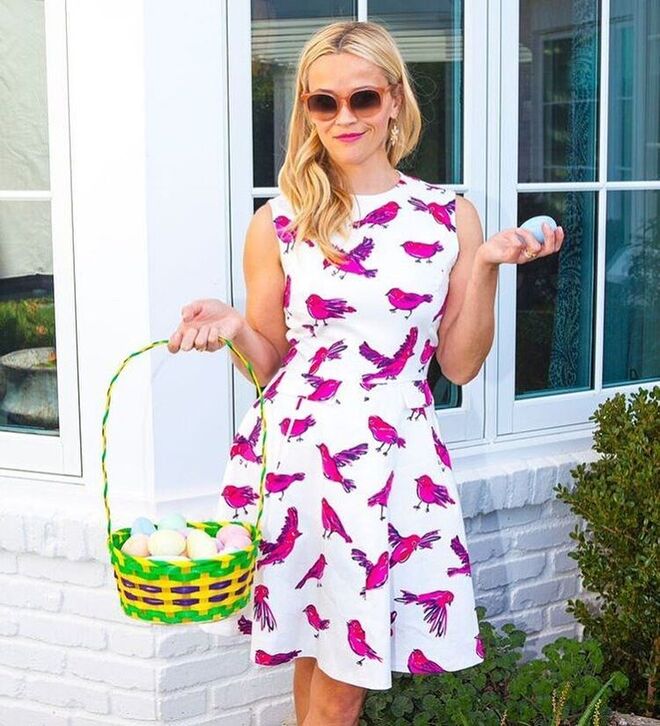 Reese Witherspoon | 'Wishing y'all a happy, colorful, family-filled Easter Sunday!! (P.S. Guess who found all the eggs??!    Oh and dress is @DraperJames; link in profile)'