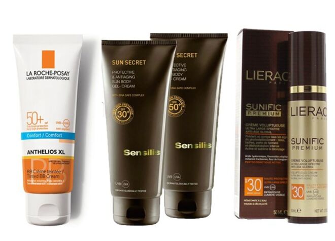SOLARES: Anthelios BB Cream SPF50+, La Roche-Posay  | Linha Sun Secret, Sensilis: Gel-Creme protetor e anti-idade SPF30 e SPF50+, Spray Solar transparente SPF50+, Óleo Protetor e ativador de bronzeado SPF30 | Sunific Premium Crème Volupteuse SPF30, Lierac