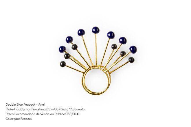 Ana Joao, Peacock, Anel Double Blue Peacock em prata dourada e contas em porcelana colorida, €180
