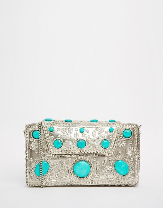 ASOS From St Xavier Clutch Bag in Silver with Turquoise Stones €92.95