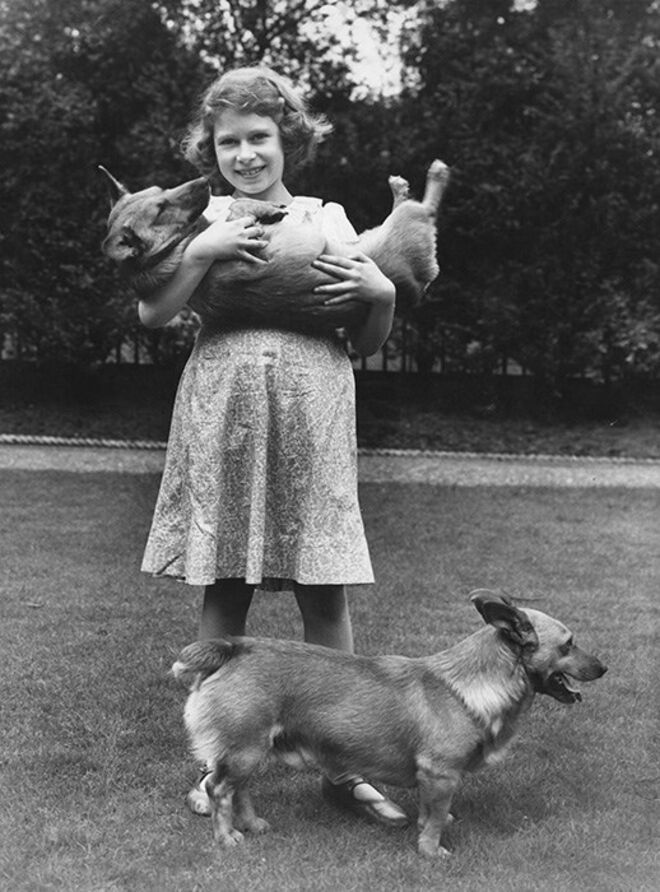 Isabel II com os seus dois cães Corgi na casa de Piccadilly, Londres, Julho 1936