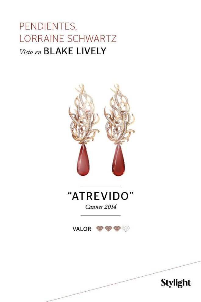 Blake Lively usou brincos de Lorraine Shwartz, com aplicações em diamante e um rubi de 25 quilates. Cannes 2014