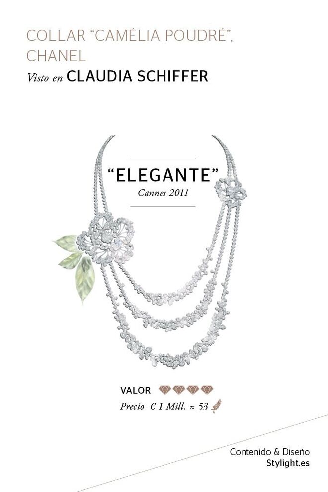 Claudia Schiffer usou um colar Chanel, desenhado por Gabrielle Chanel em 1932, de ouro branco de 18 quilates com a aplicação de mais de 700 diamantes, sendo dois deles de 7 quilates e 693 de 80. Cannes 2011