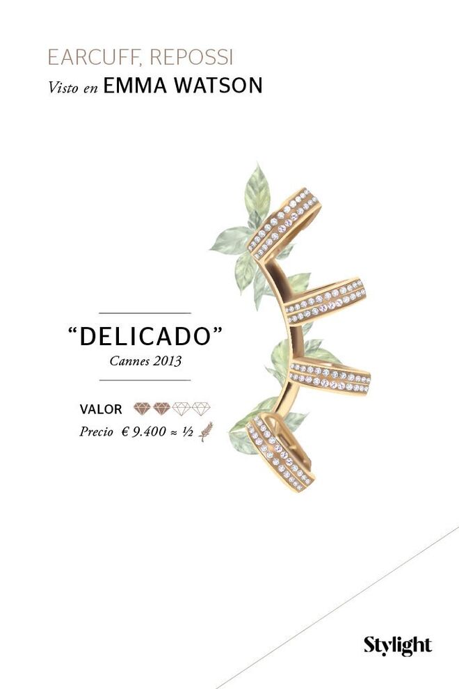 Emma Watson usou um ear cuff da Repossi (Barbere collection), cujo preço estimado é de 9 400€, o equivalente a quase metade da Palma. Cannes 2013
