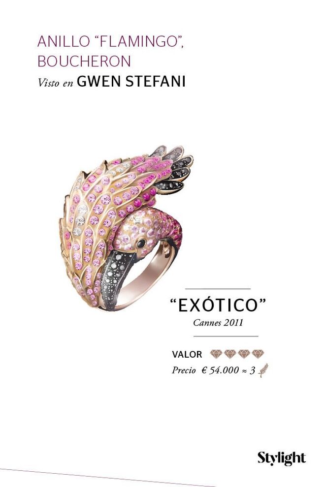 Gwen Stefani usou um anel em formato de flamingo, com a aplicação de safiras e diamantes, da marca Boucheron. Esta peça vale 54 mil euros, cerca de 3 Palmas de Ouro. Cannes 2011
