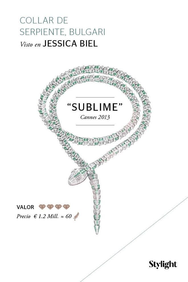 Jessica Biel usou um colar em formato de serpente da Bulgari, de ouro branco cravejado de diamantes e esmeraldas - tudo tem praticamente 75 quilates. Cannes 2013