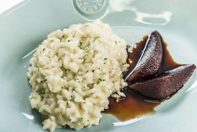 Risotto de Gorgonzola com pêra Rocha em Porto e balsâmico 
