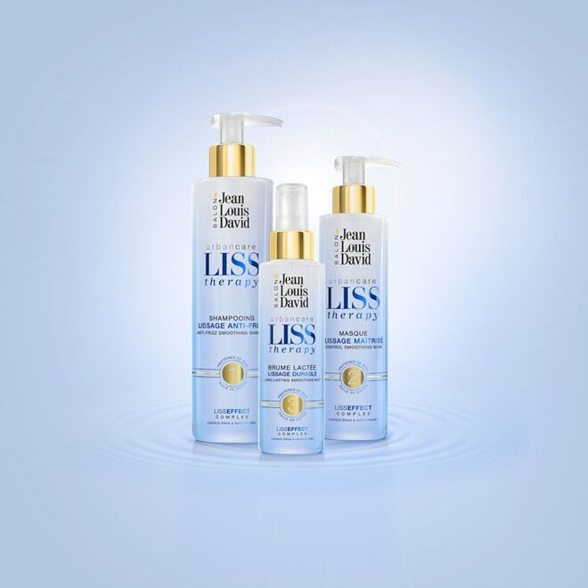Jean Louis David apresenta a linha de tratamento Urbancare Liss Therapy, composta por três produtos/etapas: Champô, Máscara e Leite Acondicionador.