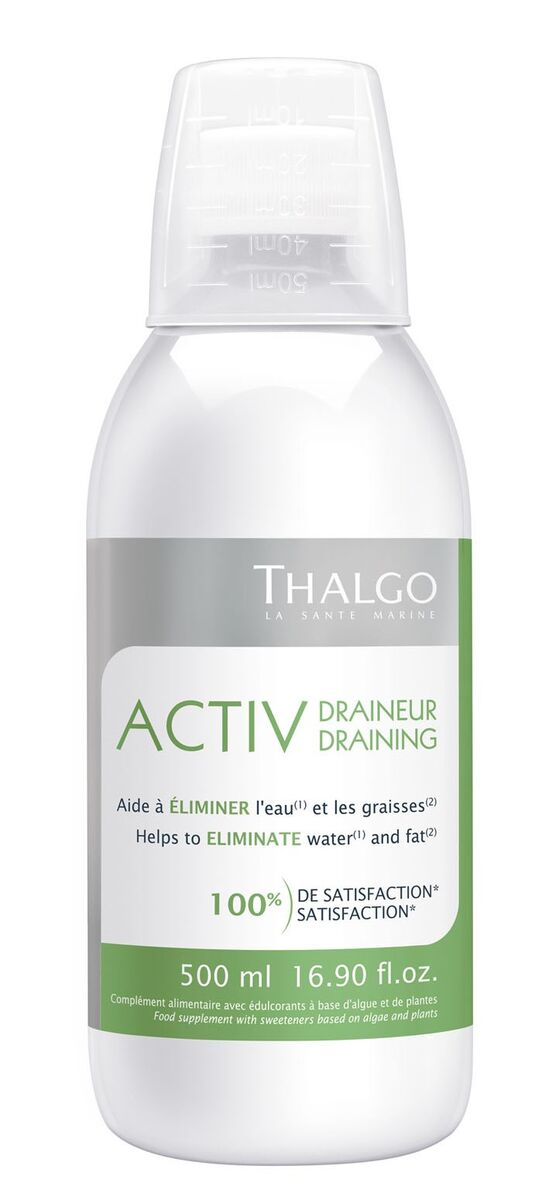 ACTIV DRAINEUR - 500ml, Thalgo. Activ Draineur concentra 3 extratos de plantas - erva mate(1) , Cavalinha (1) e Hibisco(1) - reconhecidas pela sua atividade drenante e a alga castanha Ascophyllum nodosum(2) que participa na eliminação dos depósitos de gordura, facilitando assim o adelgaçamento da silhueta.