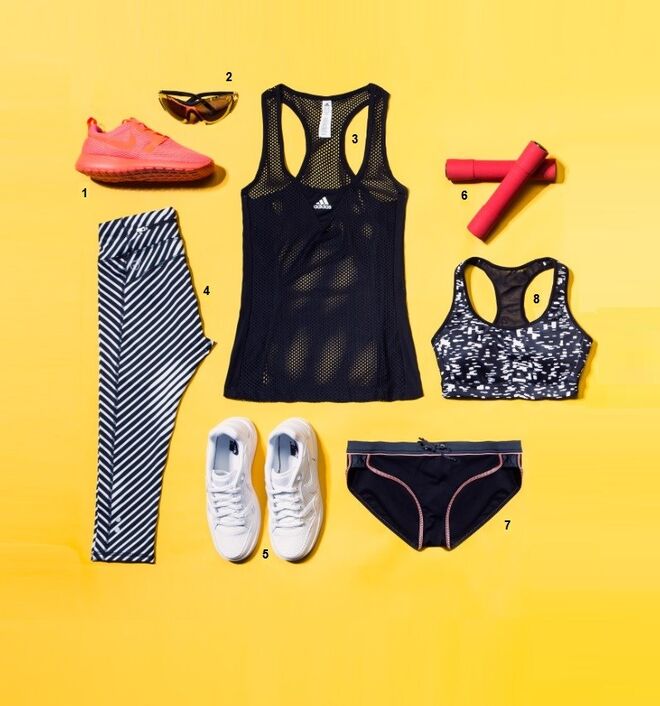 1. Ténis Roshe One em nylon, €100, Nike.  2. Óculos em acetato, €450, Givenchy.  3. Top em poliéster e elastano, €25, Adidas.  4. Leggings em poliéster, €105, Puma.  5. Ténis Son of Force em pele, €59,99, Nike, na Sport Zone. 6. Pesos de 1 kg, €15,99, Oysho.  7. Cuecas Sport Zen em poliamida e elastano, €20, Calzedonia.  8.  Top em poliamida e elastano, €34,99, Adidas, na Sport Zone. 