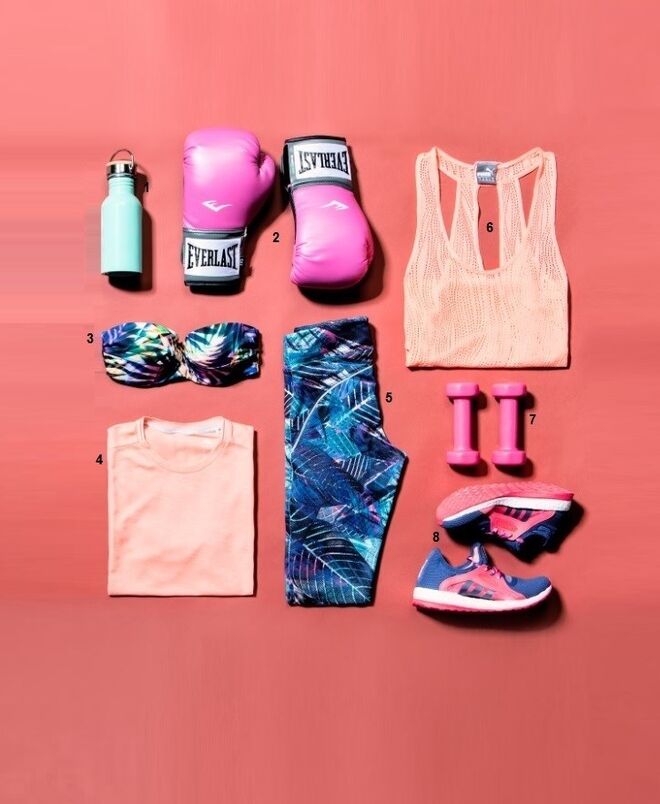 1. Garrafa em metal e bambu, €12,99, Oysho. 2. Luvas de combate em pele, €29,99, Everlast, na Sport Zone. 3. Soutien em poliamida e elastano, €19,99, Oysho. 4. T-shirt Supernova em algodão, €42, Adidas. 5. Leggings em poliéster, €29,99, Oysho. 6. Top em poliamida, €72, Puma. 7. Pesos de 1 kg (cada), €7,99, Doone, na Sport Zone. 8. Ténis Pure Boost X em poliéster, €120, Adidas. 