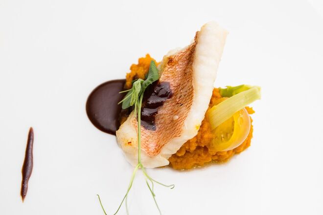 Peixe Cantarilho suado com puré de abobora, pickle de espargos brancos e molho de chocolate