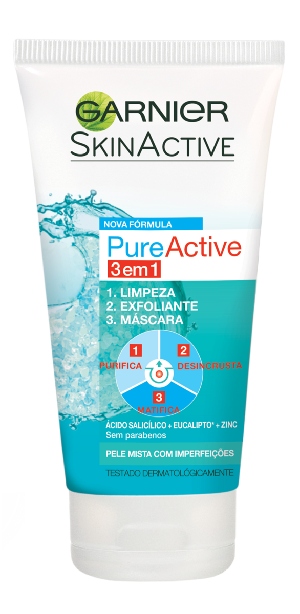 PURE ACTIVE 3 EM 1, uma solução simples e eficaz que combina a eficácia de 3 produtos num só, para controlar a pele oleosa com imperfeições: gel de limpeza, para eliminar o excesso de oleosidade e reduzir visivelmente as imperfeições; exfoliante, para desobstruir os poros; e máscara, para uniformizar a tez, reduzindo o brilho. Uma fórmula poderosa com ácido salicílico, extrato de eucalipto e zinco para combater de forma eficaz as imperfeições e o brilho da pele oleosa.