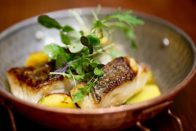 Bacalhau com batata doce fumada, coco, cebola em pickles (€15)