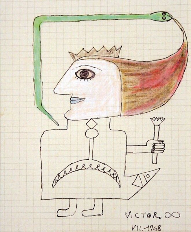 Victor Brauner. Femme, Tinta-da-China e Lápis de Cor s/ papel quadriculado.