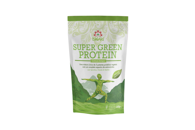 A Iswari Super Green Protein combina as proteínas vegetais (cânhamo, arroz e ervilha), incluindo ainda superalimentos verdes como a spirulina e a clorela. A matcha enriquece esta mistura sendo uma excelente fonte de vitamina C, magnésio e proteínas que, em conjunto com o binómio spirulina/clorela, são responsáveis pela desintoxicação do nosso organismo e consequente reposição de minerais e vitaminas. Entre elas destaca-se a vitamina B12, o ferro, a vitamina e as proteínas. Adequado para desportistas, vegetarianos/veganos, regimes de controlo de peso e diminuição de apetite e para todos que pretendem substituir a proteína de origem animal.