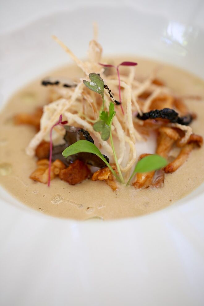 Ovo de galinha cozido a baixa temperatura, espuma de cogumelos e aromas de trufa