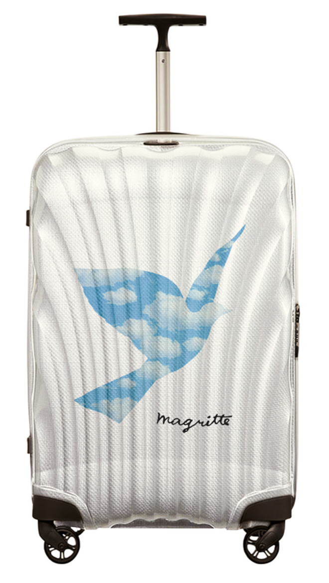 Coleção Samsonite inspirada em René Magrite em modelo Cosmolite (preço sob consulta)