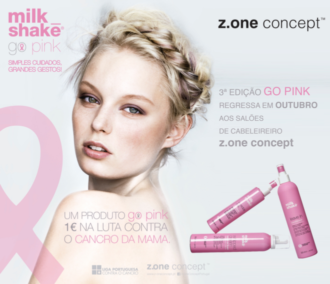 GO PINK | Durante todo o mês de Outubro, ao comprar um produto Go Pink, da linha milk-shake de z.one concept, estará automaticamente a contribuir com 1€ para a Liga Portuguesa Contra o Cancro. 