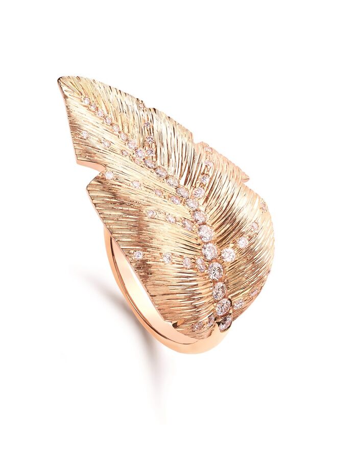 Anel folha de palmeira em ouro branco 18K, diamantes corte brilhante
