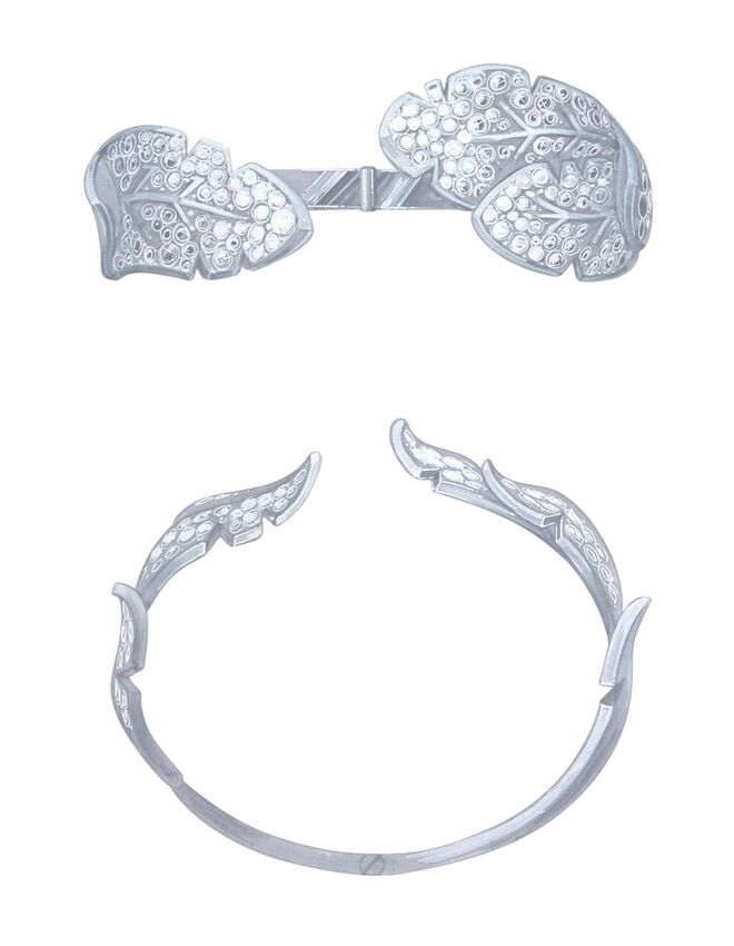 Pulseira folhas de palmeira em ouro branco 18K, diamantes corte brilhante