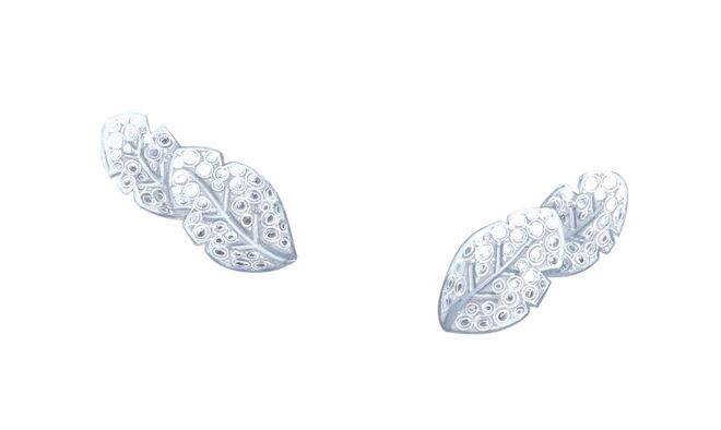 Brincos folhas de palmeira em ouro branco 18K, diamantes corte brilhante