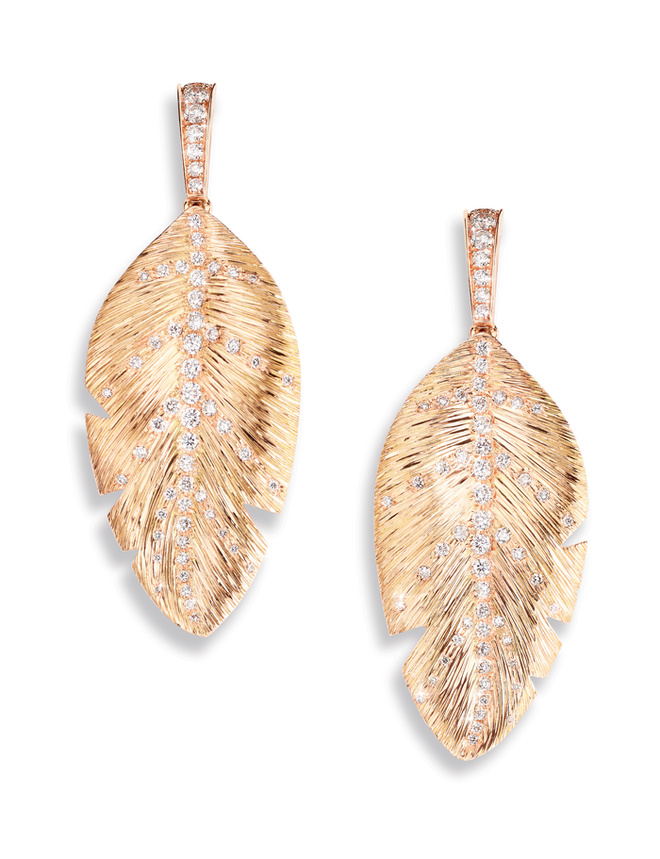 Brincos folhas de palmeira em ouro branco 18K, diamantes corte brilhante
