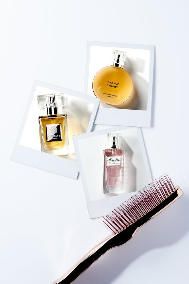 3. Perfumes para o cabelo | Chance Eau Tendre, Chanel; Parfum pour Cheveux, Myriam K; Miss Dior, Christian Dior; Escova de massagem e relaxante, Scalp Brush, Rino de Nicolo, Paris.