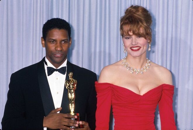 1990 | Denzel Washington, vencedor do Óscar de melhor ator secundário com o filme "Glory" ao lado de Greena Davis.