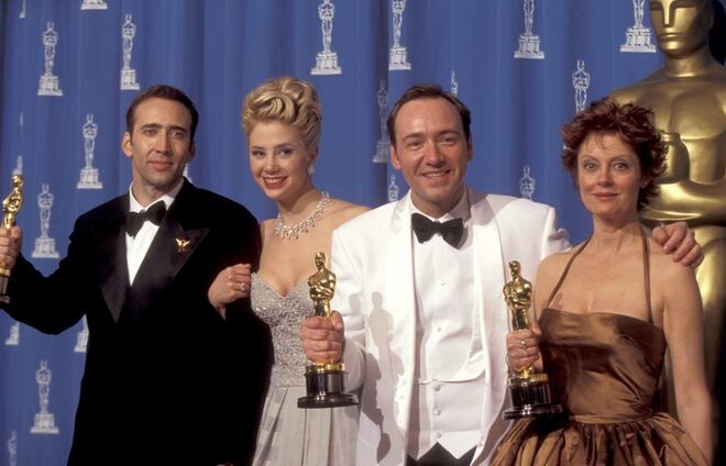 1996 | Os vencedores do ano, Nicholas Cage, Mira Sorvino, Kevin Spacey e Susan Sarandon.