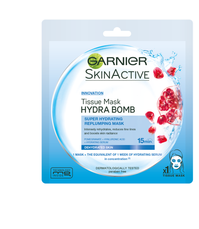 Máscara facial em tecido revitalizante com extracto de romã, €2,99, Garnier