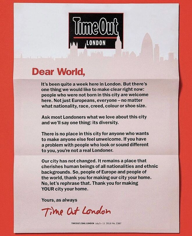 A revista Time Out London partilhou também uma carta que data de Julho 2016, mês que marca outro ataque terrorista sofrido em Londres.
